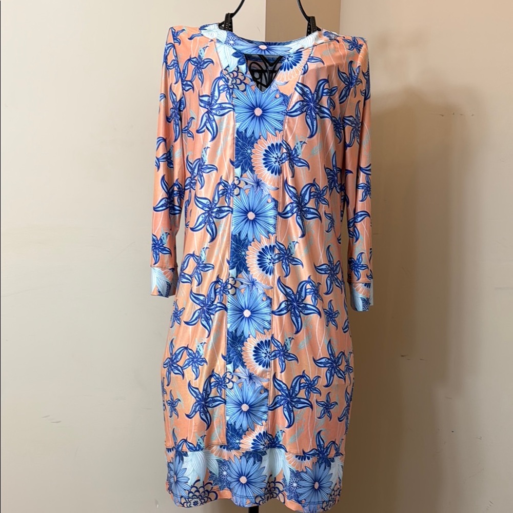 Ava Lynn Floral Dress in Blue and Peach - Picture 2 of 8